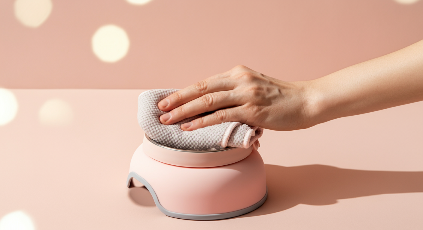 携帯用のドッグボウルを布で丁寧に拭いている手元