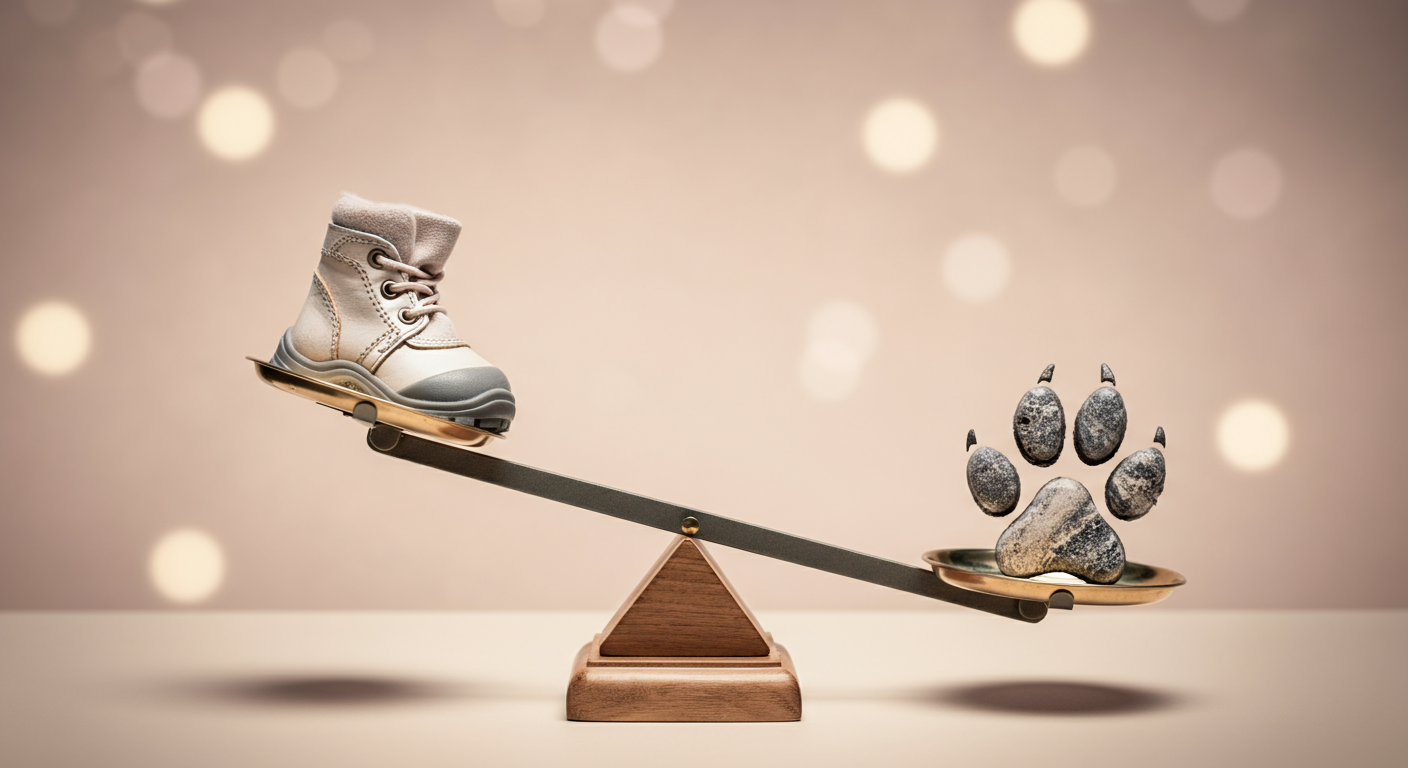 片方に犬用靴、もう片方に犬の肉球のシンボルが乗って釣り合っている天秤。