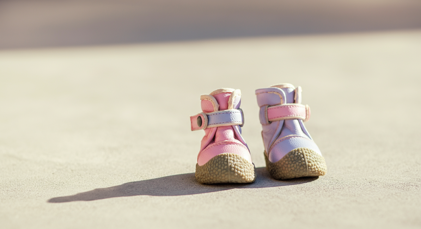 太陽の光が当たるコンクリートの上に置かれた、パステルカラーの犬用靴一足のクローズアップ。