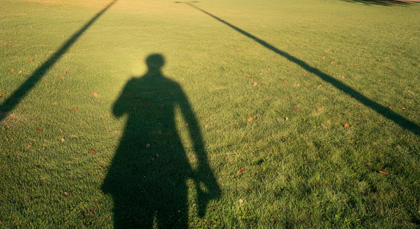 早朝のドッグランの芝生に落ちる、一人と一匹の長い影。穏やかで平和な雰囲気を醸し出している。