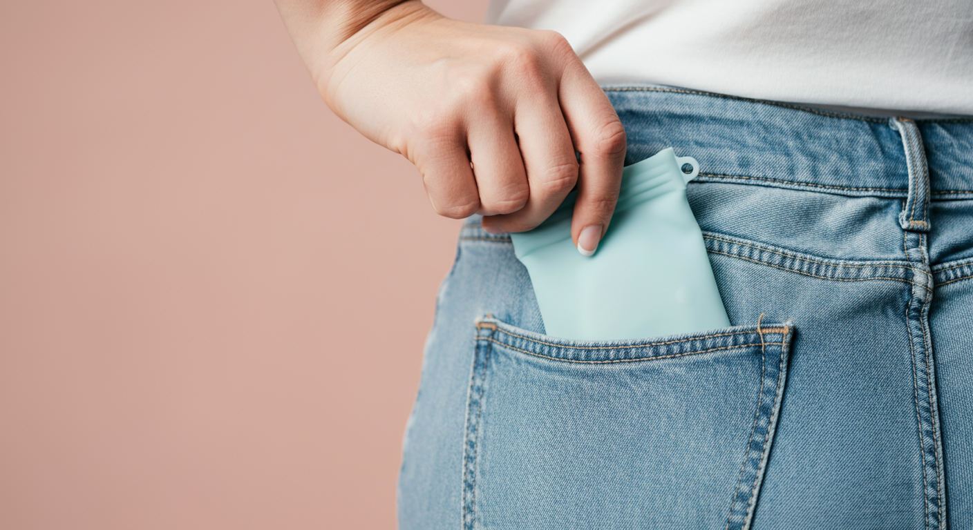 人の手が、小さなシリコン製のポーチをズボンの後ろポケットに滑り込ませているミニマルな写真。