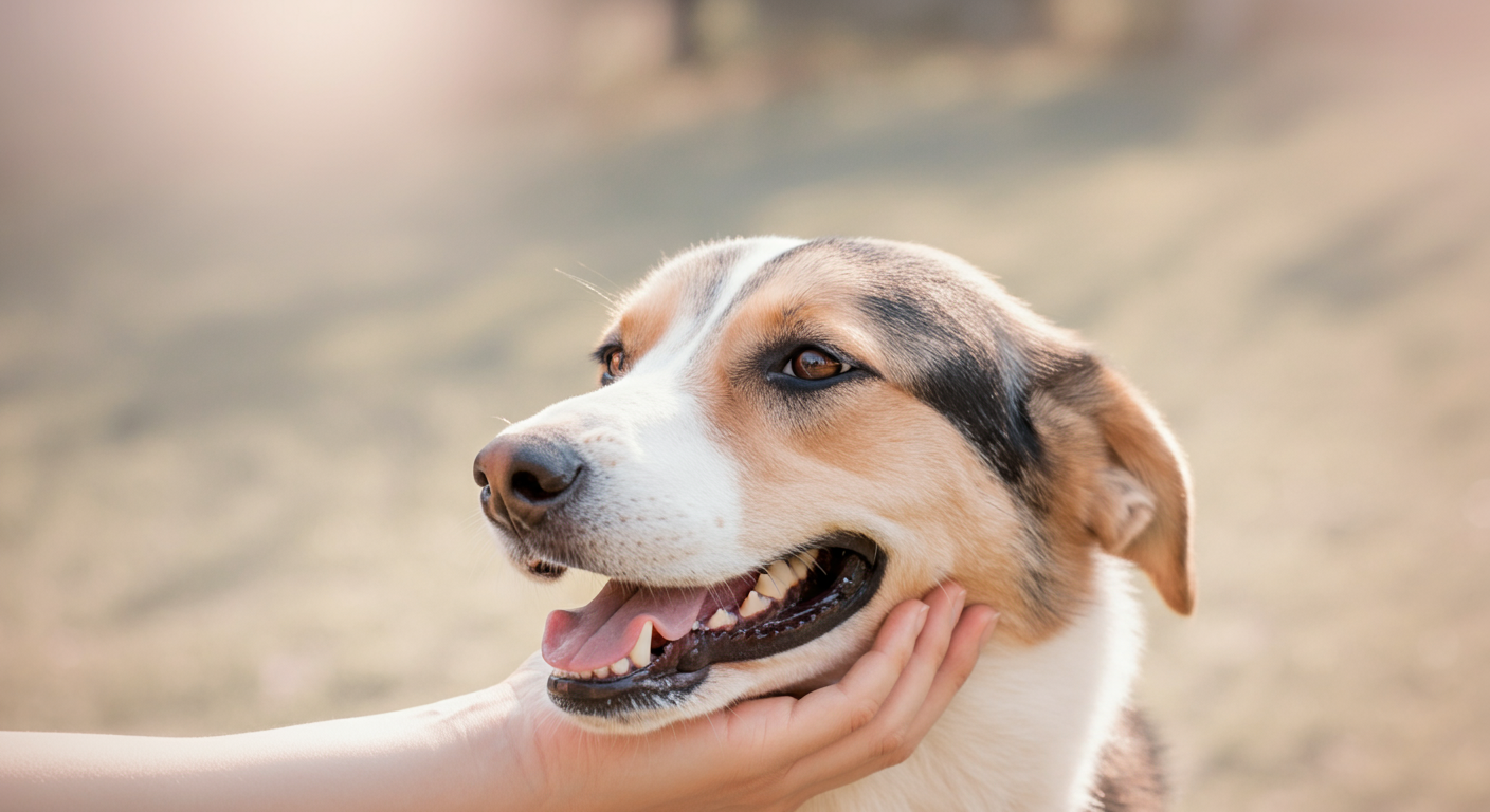 飼い主の手が、ドッグランで遊ぶ犬の頭を優しく撫でている。