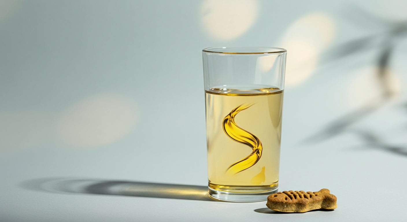 パステルカラーのミニマルな空間で、金色のオイルが渦巻く水が入ったグラスと、魚の形をした犬用おやつが置かれている。