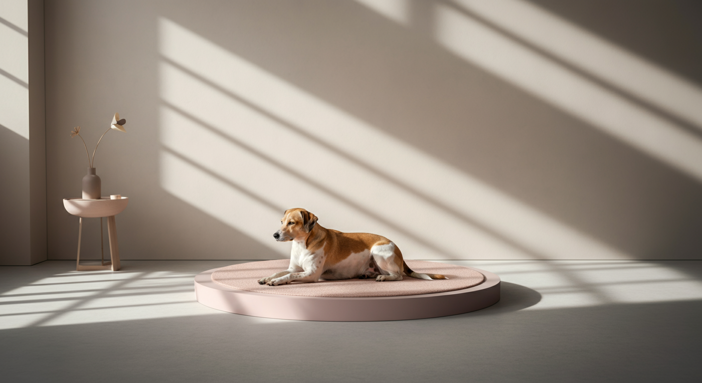 ミニマルなリビングの中央に敷かれたパステルピンクのマットの上で、一匹の犬が落ち着いて伏せをしている。