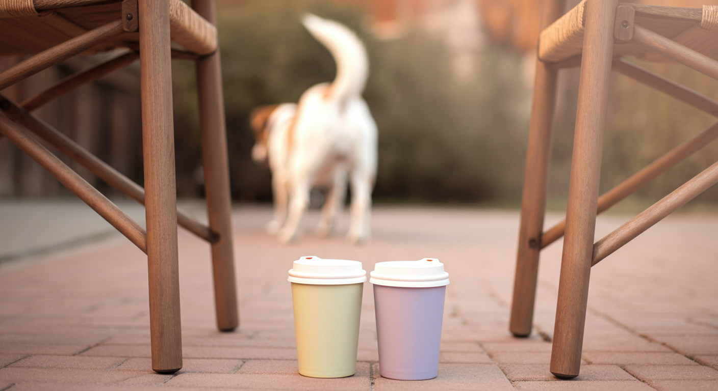 2つの椅子の間に置かれた2つのタンブラー。ドッグランでの飼い主同士の和やかな交流を表現している。