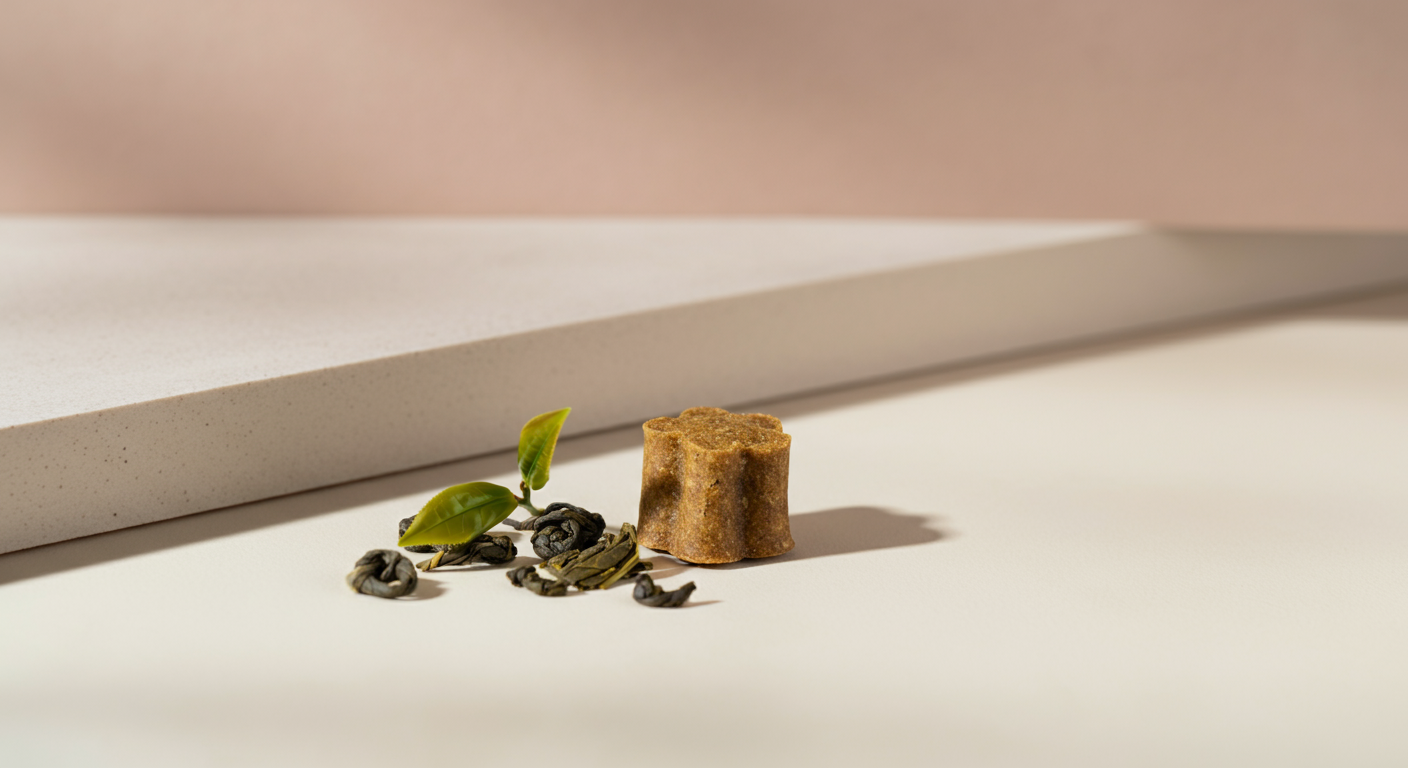 パステルカラーの背景に置かれた犬用のおやつと緑茶の葉。