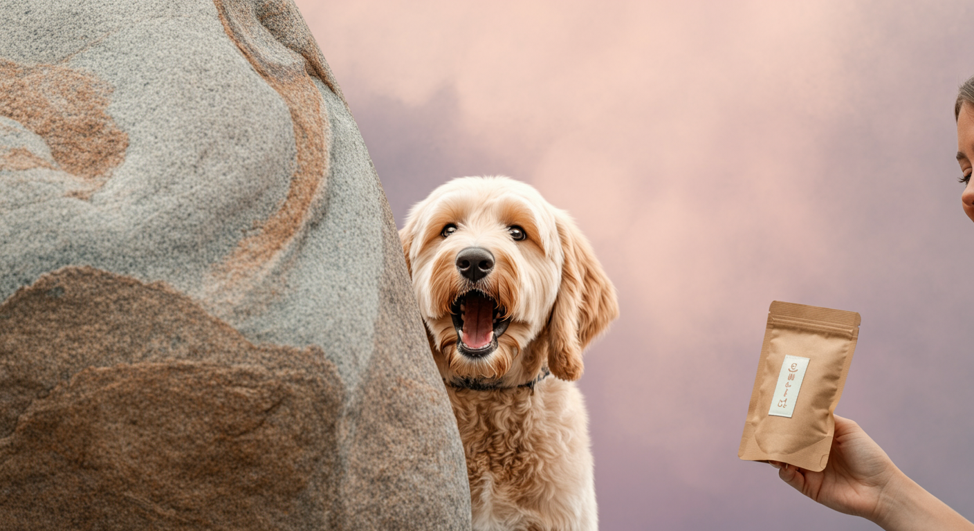 ドッグランの大きな木の陰から、飼い主を見つけて嬉しそうに顔を出す一匹のゴールデンドゥードル。飼い主はトリーツポーチを手に微笑んでいる。