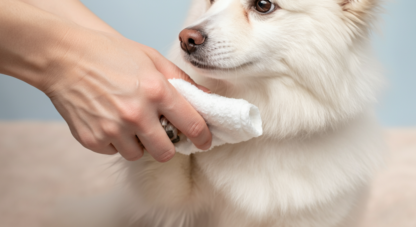 人間の手が虫除けシートで犬の足を優しく拭いている写真。代替案を象徴する。