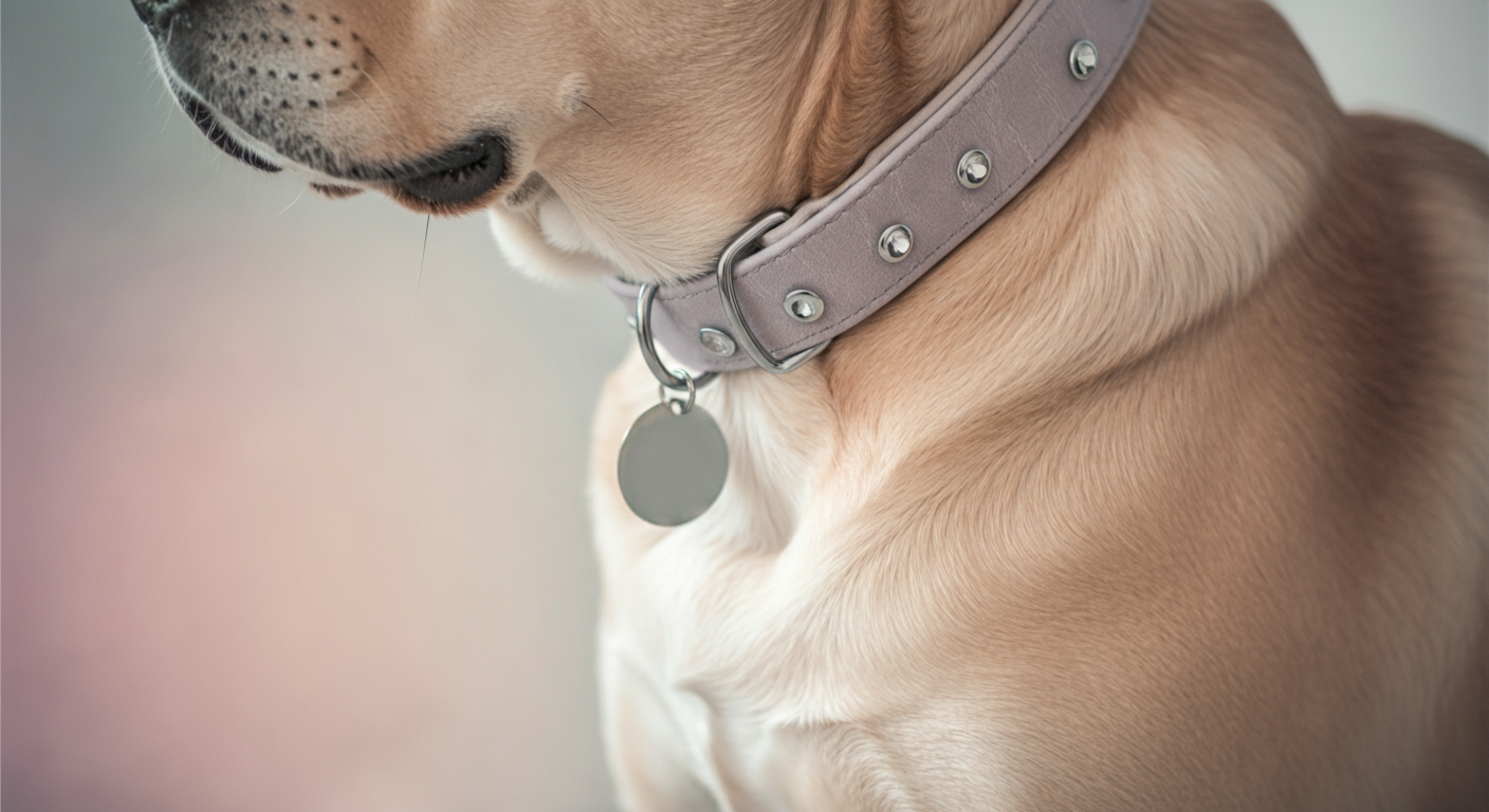 パステル調の光の中、大型犬の首輪についた鑑札にピントが合ったクローズアップ写真。犬の体は背景としてぼかされている。