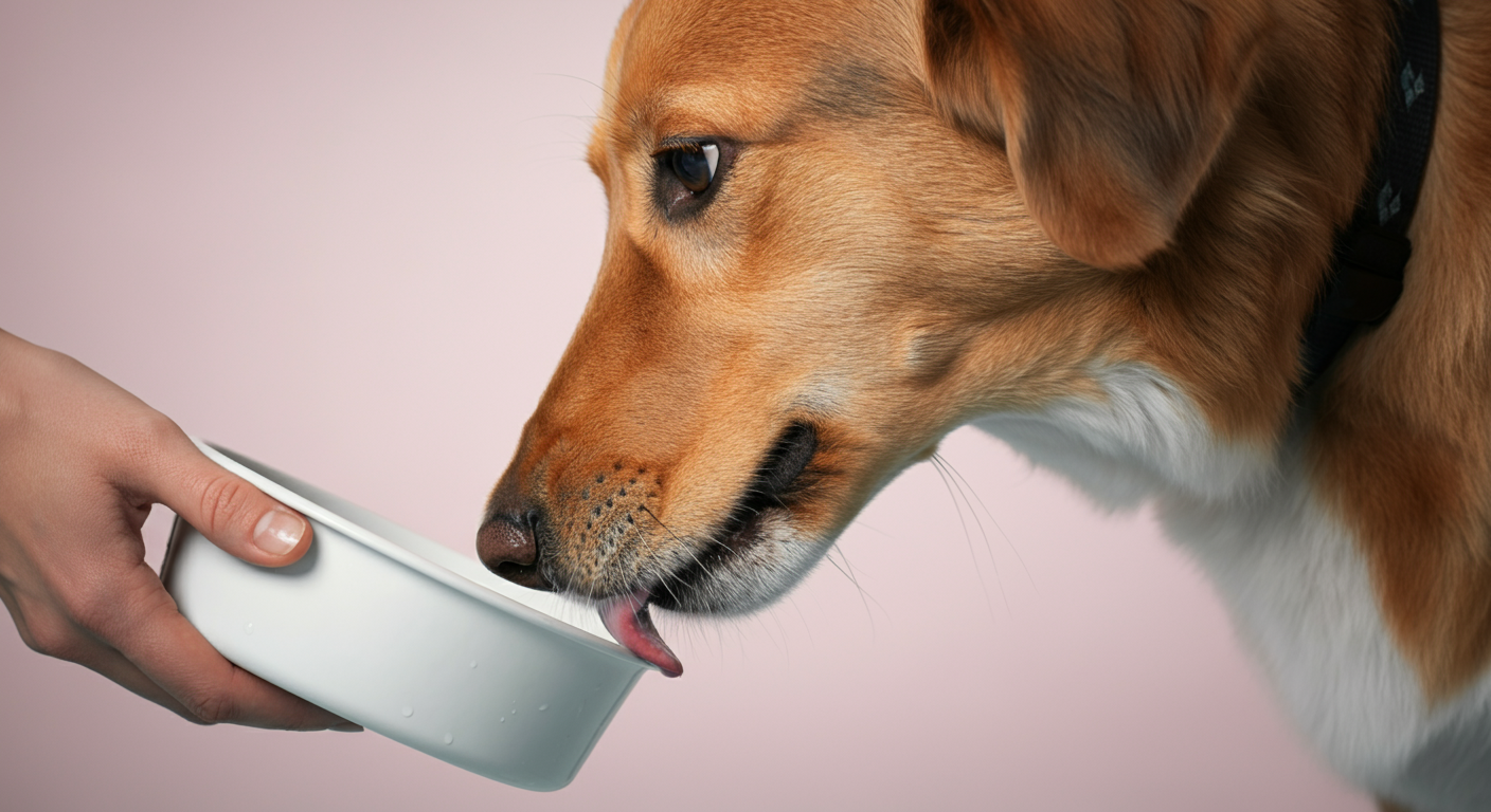 水を飲み終えた犬と、ボウルを片付けようとする飼い主の手