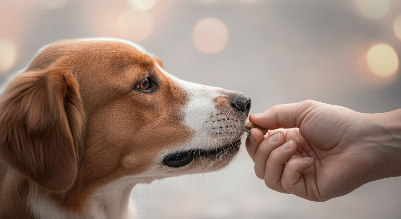 飼い主が犬にご褒美のおやつを優しく与えている手元のクローズアップ。