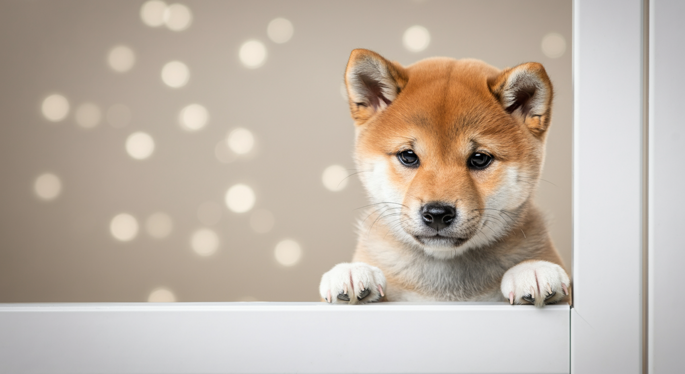 白いフェンスの隙間からドッグランを覗く柴犬の子犬。