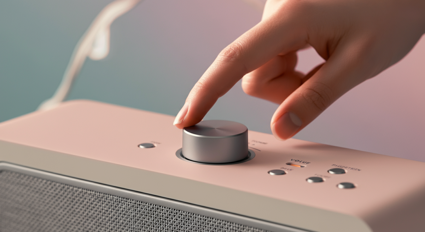ミニマルなデザインのスピーカーの音量ダイヤルを優しく調整する指。