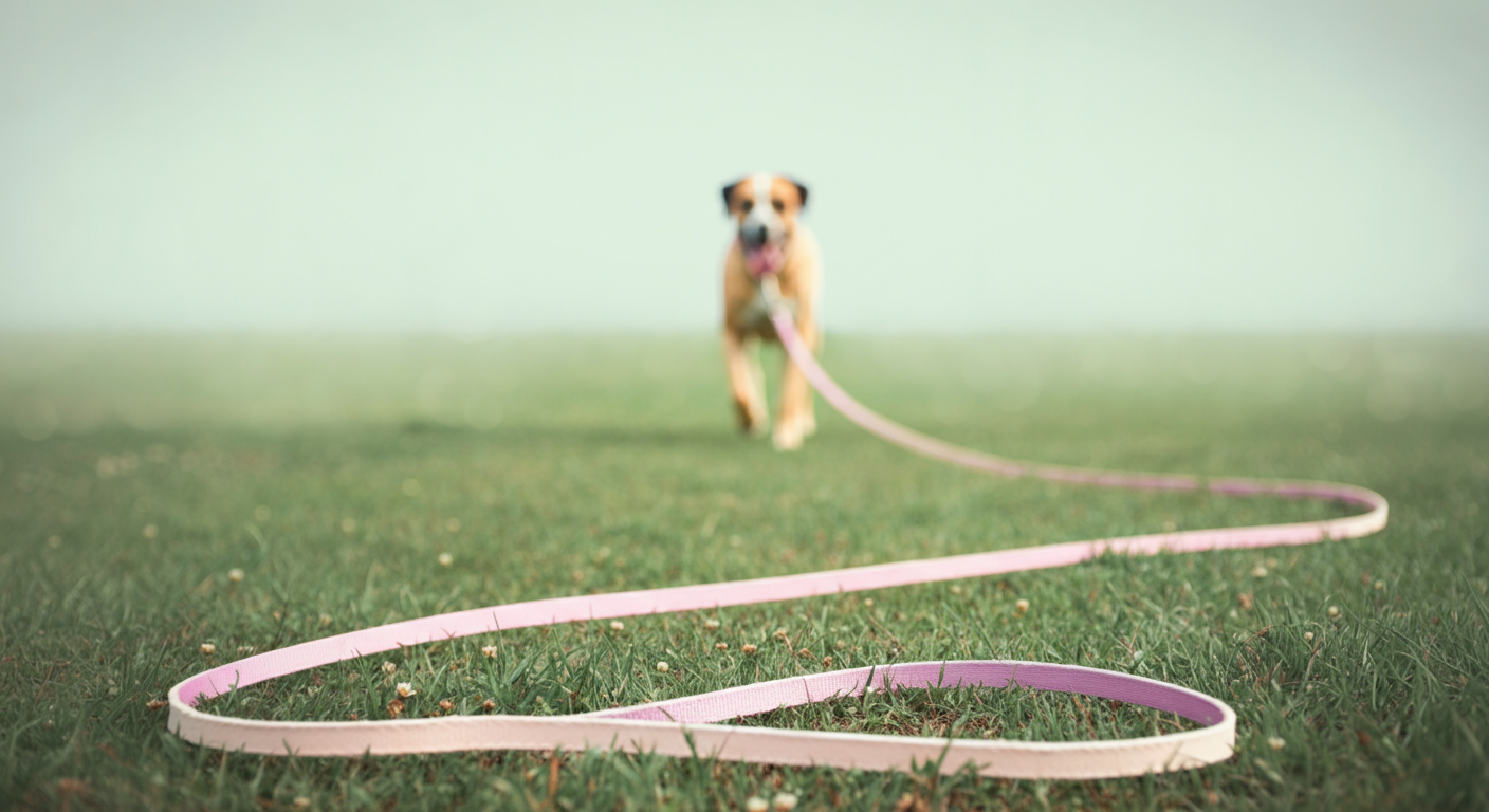 緑の芝生の上を伸びるパステルカラーの長いリード。その先には、ぼやけて見える大型犬がいる。