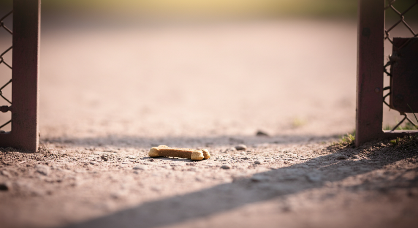 ドッグランの入り口ゲートのすぐ内側の地面に置かれた、一粒のご褒美おやつのマクロ撮影。ポジティブな第一歩を象徴している。