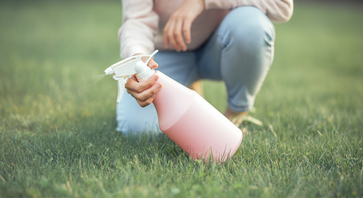 パステルカラーのミニマルな写真。芝生の上で膝をつき、消臭スプレーを持っている人の姿。丁寧さを感じさせる構図。