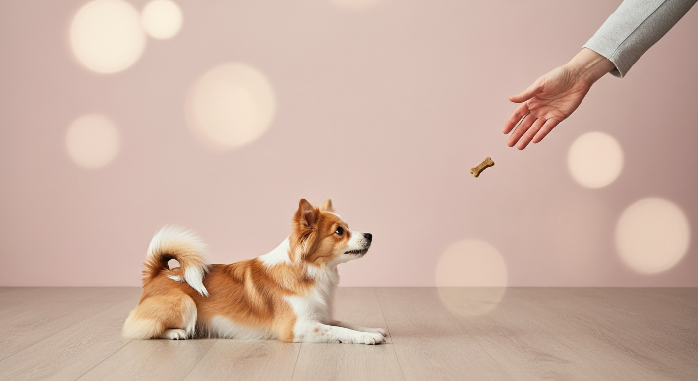 訪問客の手が、犬から離れた床におやつを優しく投げている様子。