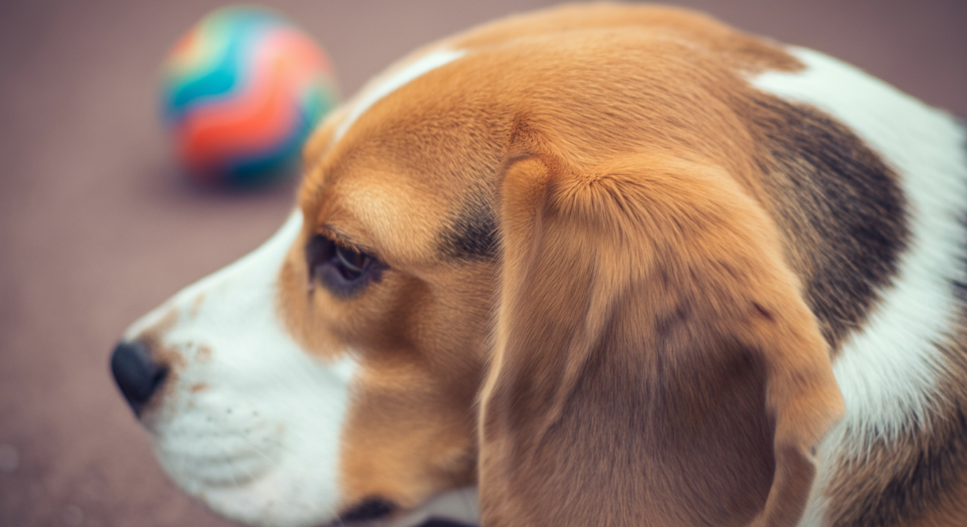 遊び疲れて休んでいる犬の耳のアップ。背景にはボールがぼやけて写っている。
