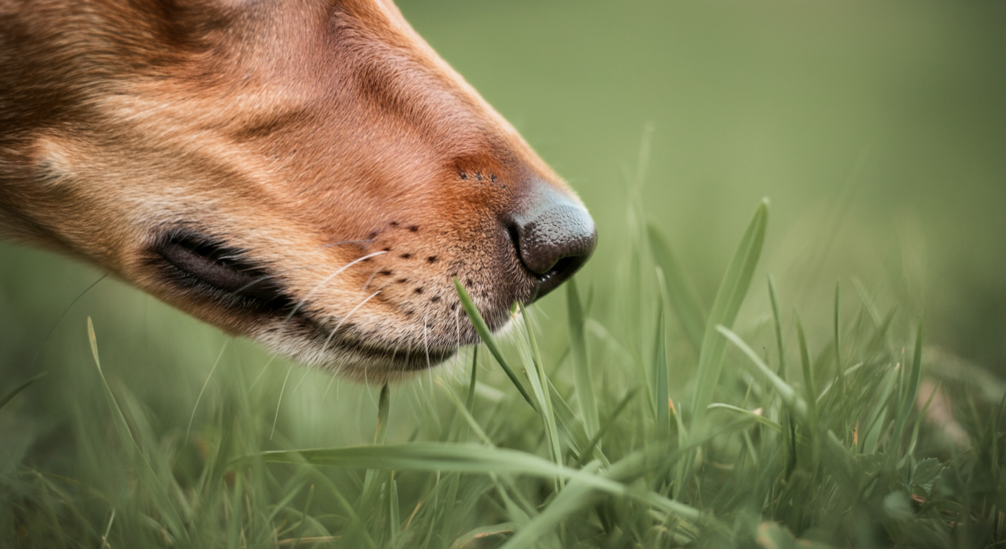 地面の草の匂いを嗅いでいる犬の鼻のマクロ撮影