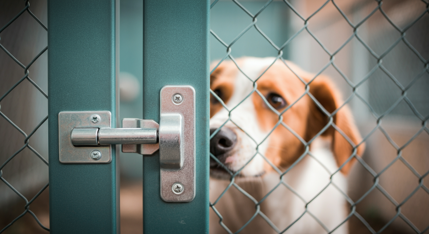 ドッグランのゲートの前に立ち、中を伺う犬の鼻先を捉えた抽象的な写真。