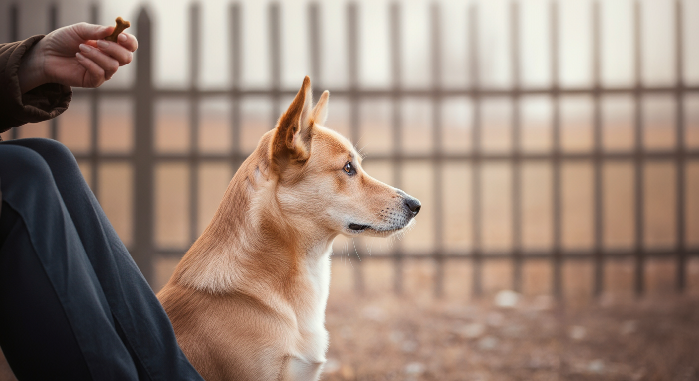 飼い主の足元で落ち着いて座り、ぼやけたフェンスの向こうを見つめる一匹の犬。飼い主の手にはご褒美のおやつが見える。