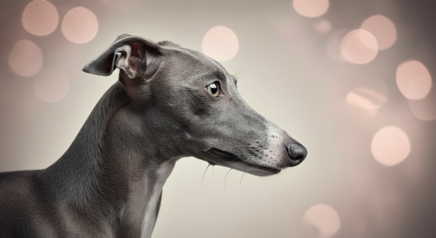 グレーの毛色の犬が、ピンク色のクールネックを着けている横顔のクローズアップ。