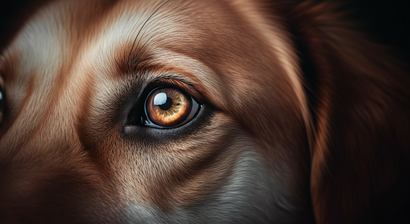 犬の瞳のクローズアップ。瞳には柔らかい光が反射しており、静かなコミュニケーションを暗示している。