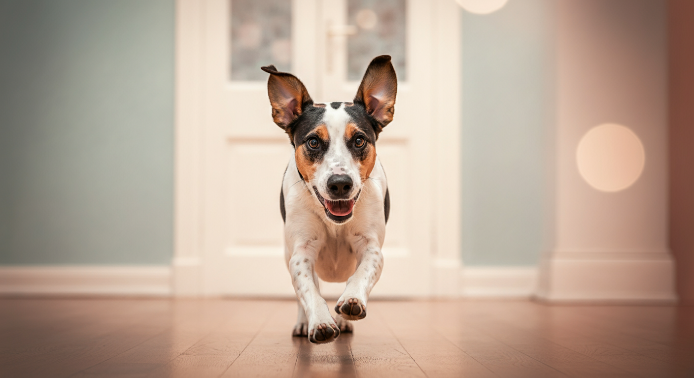 家の中で、飼い主の呼びかけに喜んで走ってくる一匹の犬。楽しそうな動きに焦点が当たっている。