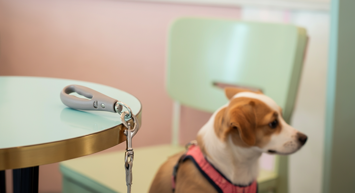 カフェのテーブルの脚に、犬用リードが一時的に係留されている様子のクローズアップ写真。