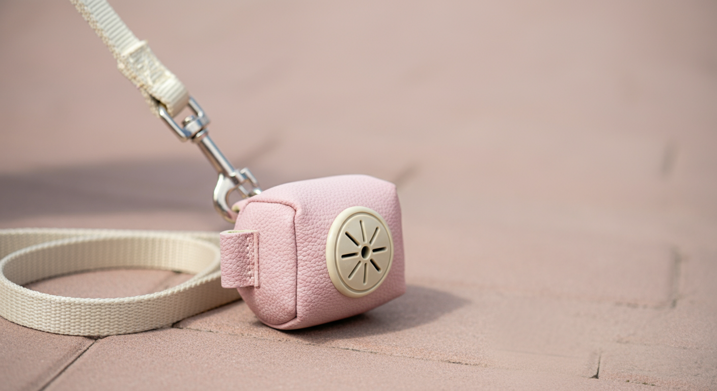 パステルピンクのうんち袋ホルダーが取り付けられたリードのクローズアップ写真。