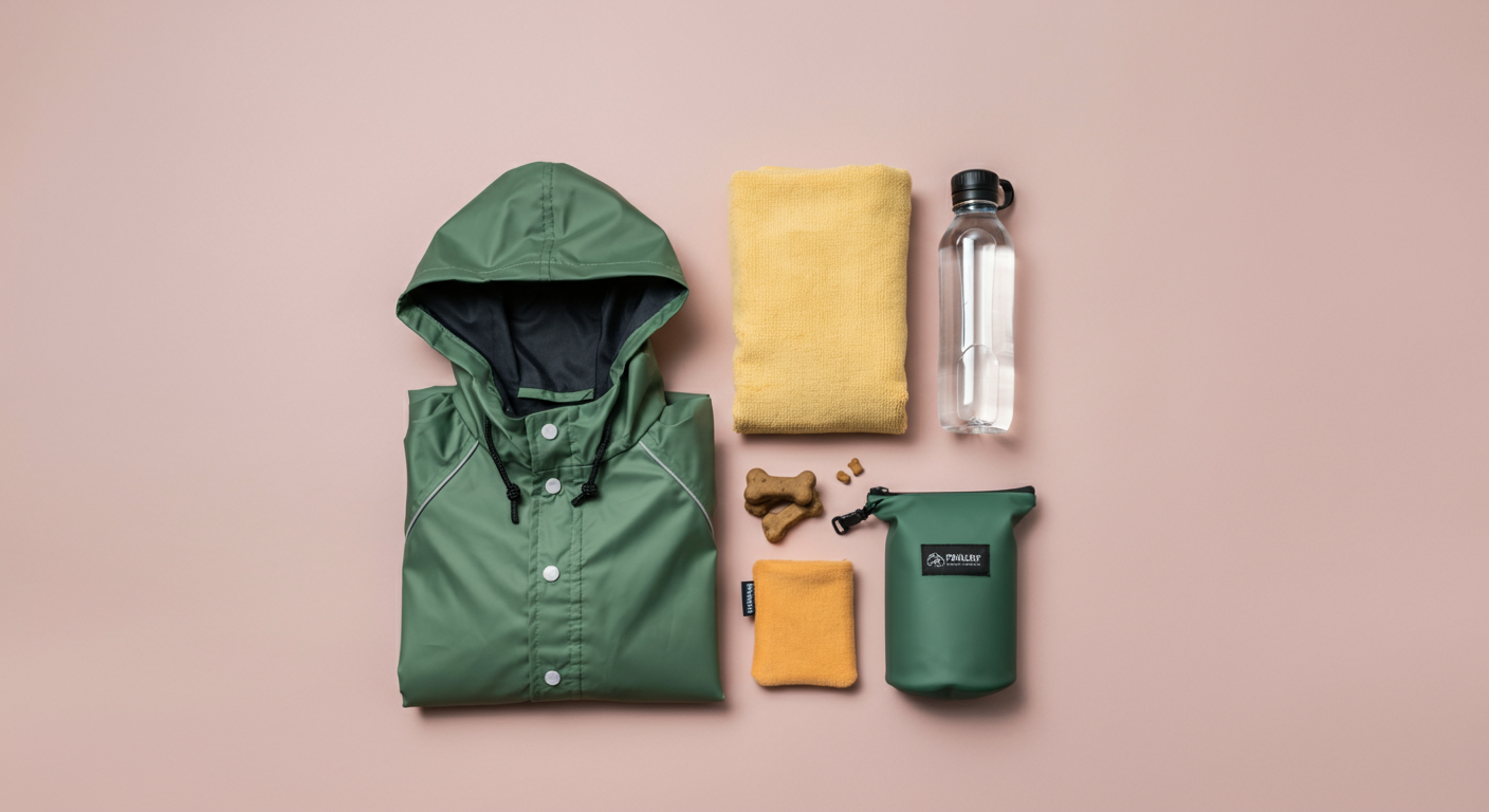 レインコート、マイクロファイバータオル、水筒、防水ポーチが綺麗に並べられた俯瞰写真。