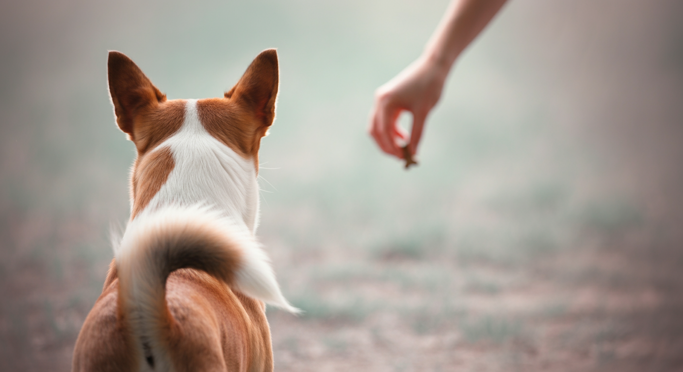 遠くで待つ飼い主の手に向け、喜んで走っていく犬の後ろ姿。尻尾が楽しそうに揺れている。