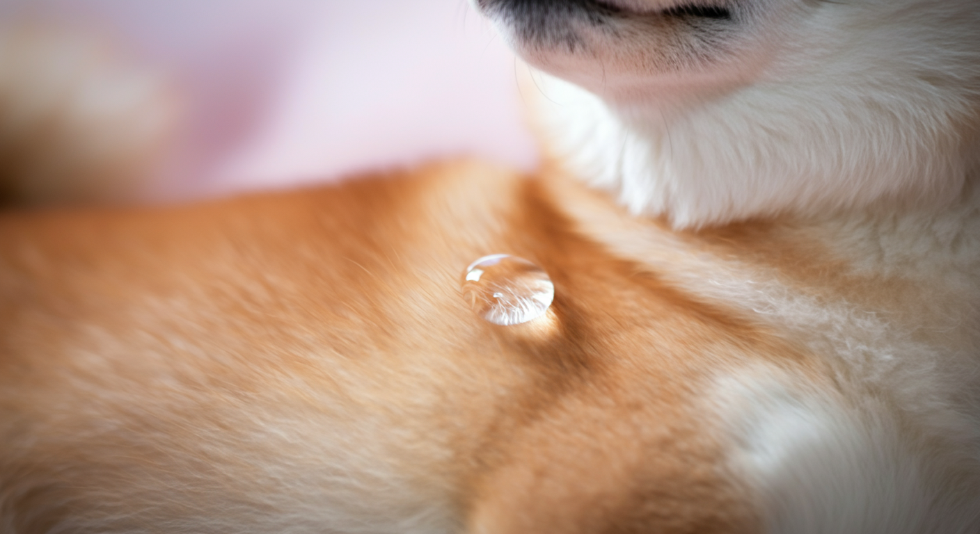 犬の足の毛に透明な液体が一滴だけ付いているクローズアップ。低刺激テストをイメージさせる。