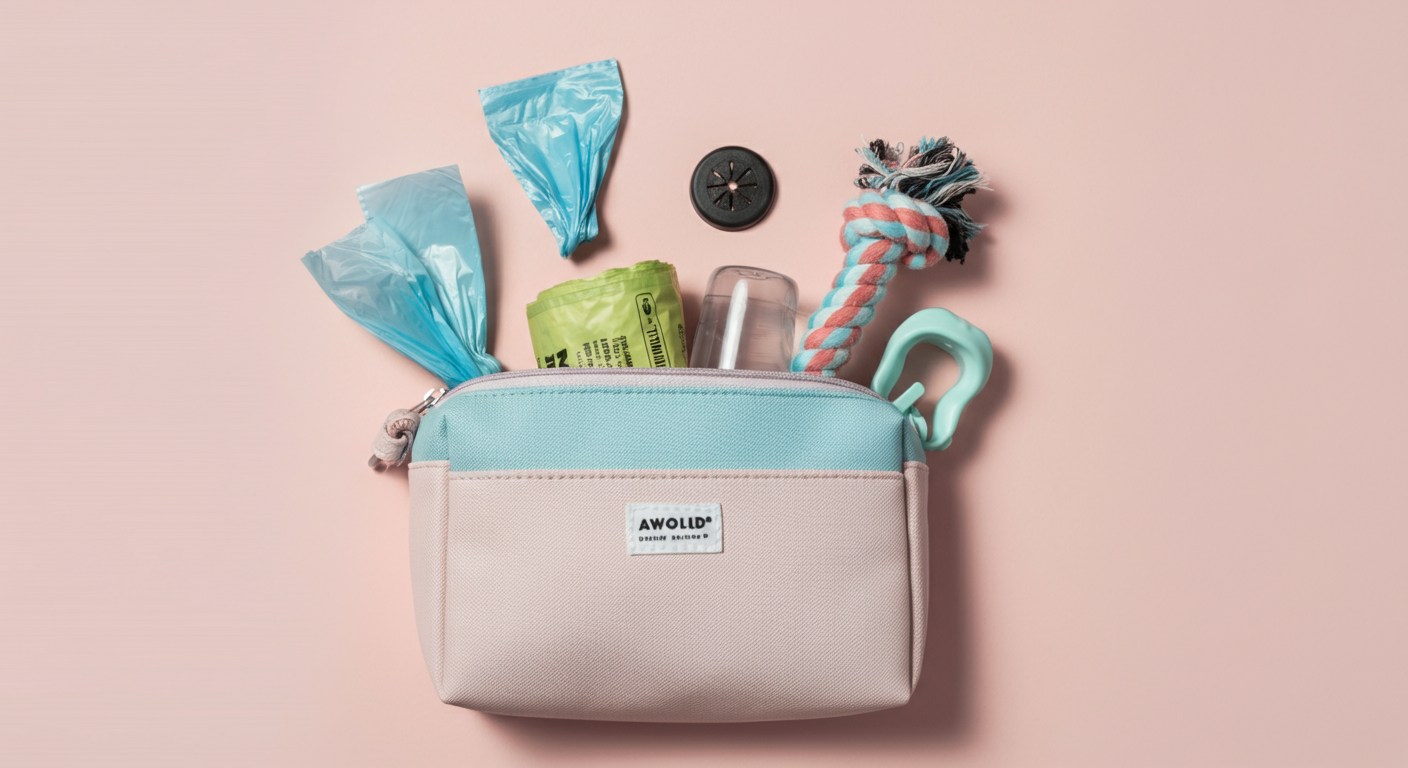 パステルカラーのマナーポーチと、きれいに並べられたドッグランの持ち物。