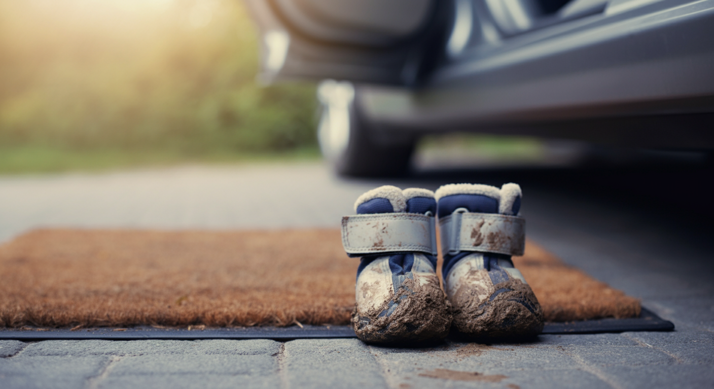 車のドアの横のきれいなマットの上に置かれた、少し泥のついた犬用靴。