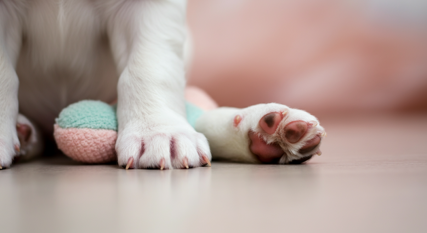 パステルカラーのおもちゃの横にちょこんと座る子犬の足元を写した、ミニマルな写真。