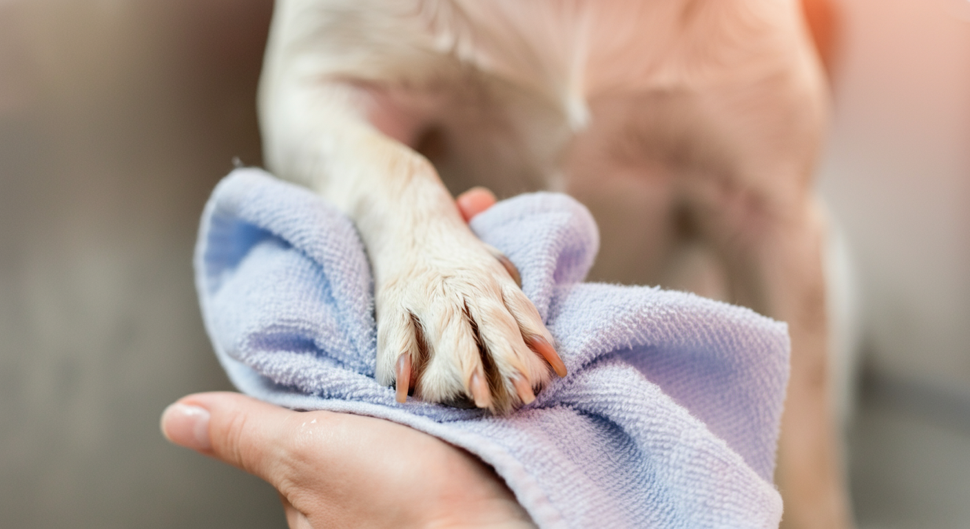 遊んだ後、きれいに洗われた犬の足が、柔らかいタオルで優しく拭かれているクローズアップ。