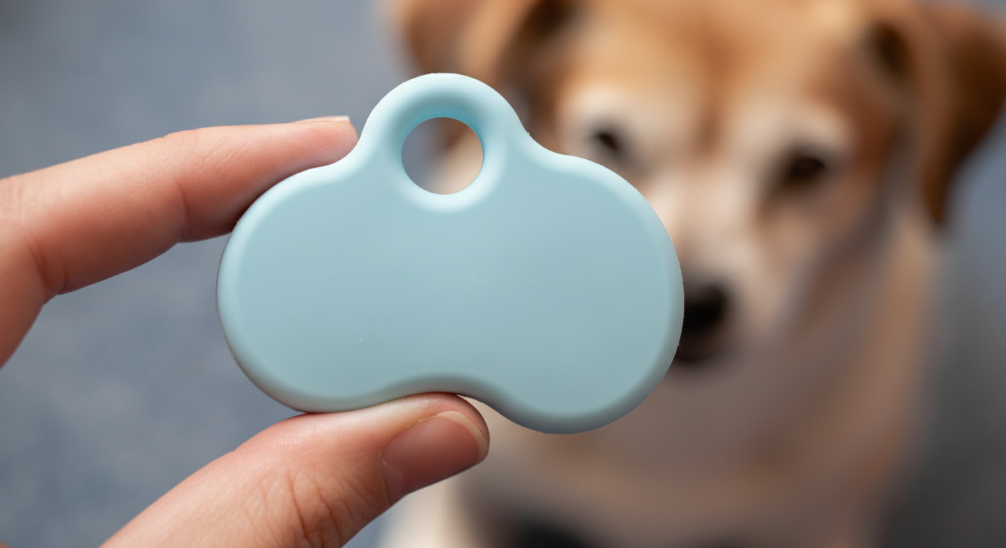 犬の毛並みを背景に、指で優しく持たれたパステルブルーのシリコン製迷子札の質感。