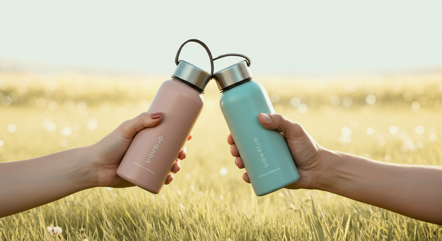 芝生の上で、2人の飼い主がお互いの水筒を軽く合わせている。飼い主同士の協力とマナーを象徴するイメージ。