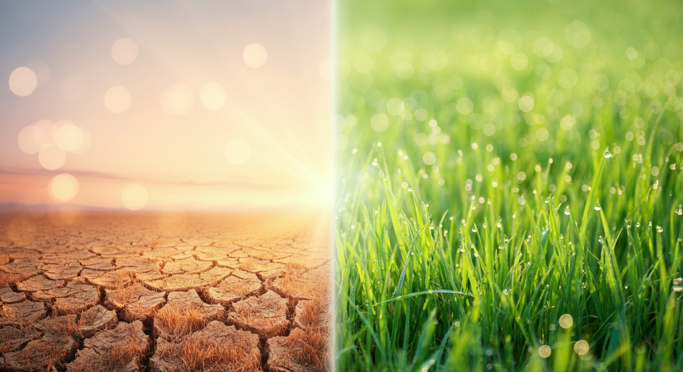 乾燥した芝生と湿った芝生を対比させた、環境の違いを示す抽象的な写真。