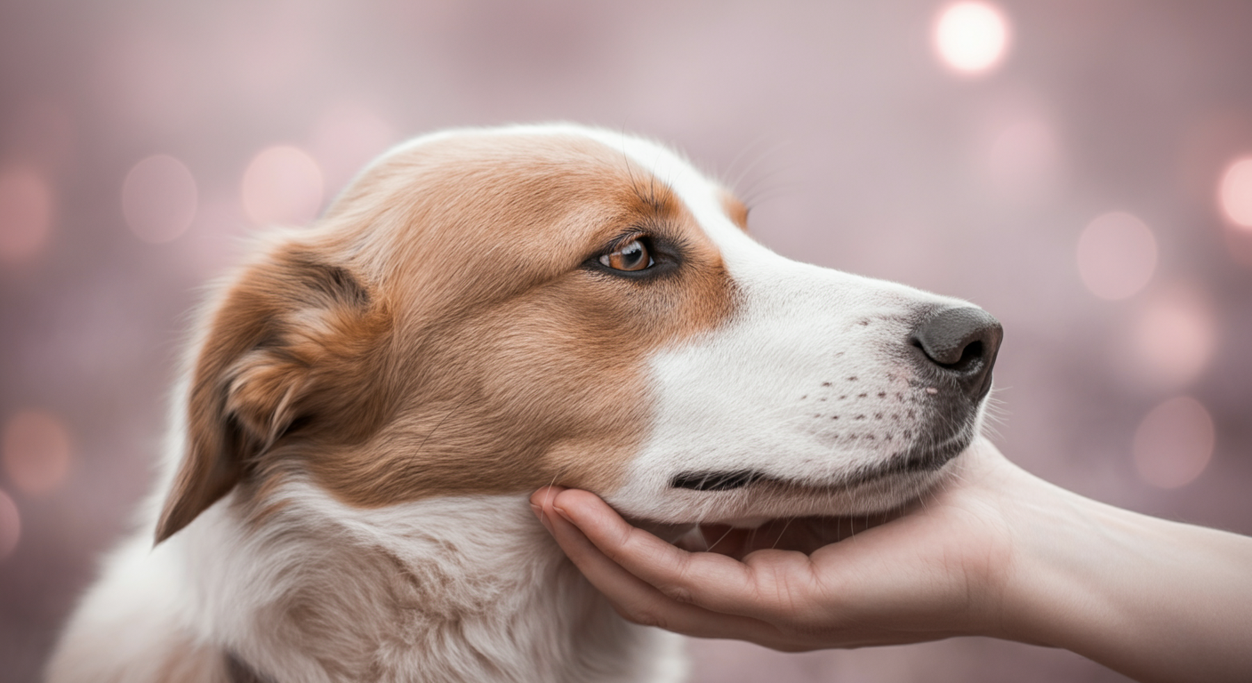 犬の頭を優しく撫でている飼い主の手。