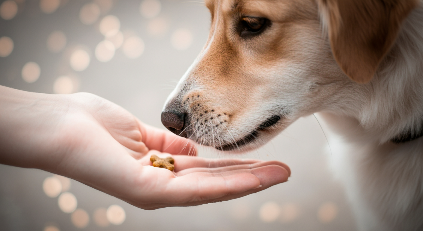 飼い主の手のひらからおやつを優しく受け取る犬の鼻のアップ