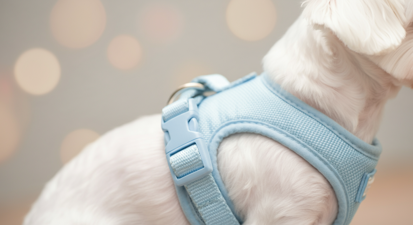 マルチーズのような白い小型犬の体に装着された、パステルブルーのハーネスのバックル部分のクローズアップ。