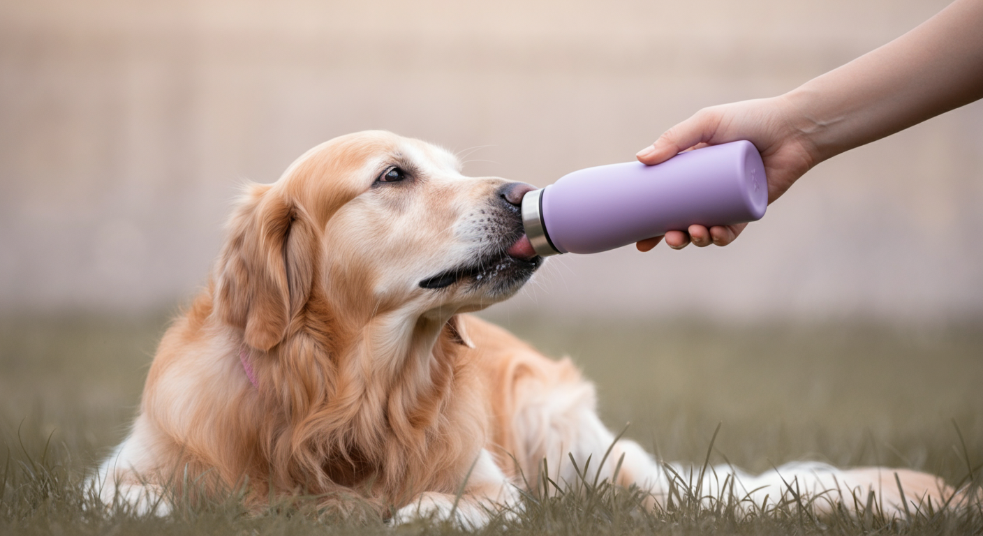 飼い主が犬の頭を撫でながら、ラベンダー色の給水ボトルで水を飲ませている、休憩中の穏やかなシーン。