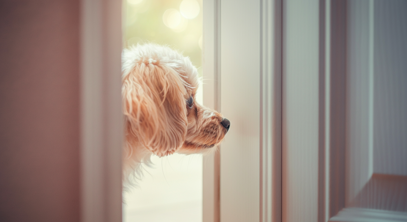 パステルカラーのミニマルな空間で、少しだけ開いたドアから外の匂いを嗅ぐ、小さな犬の鼻先のクローズアップ。