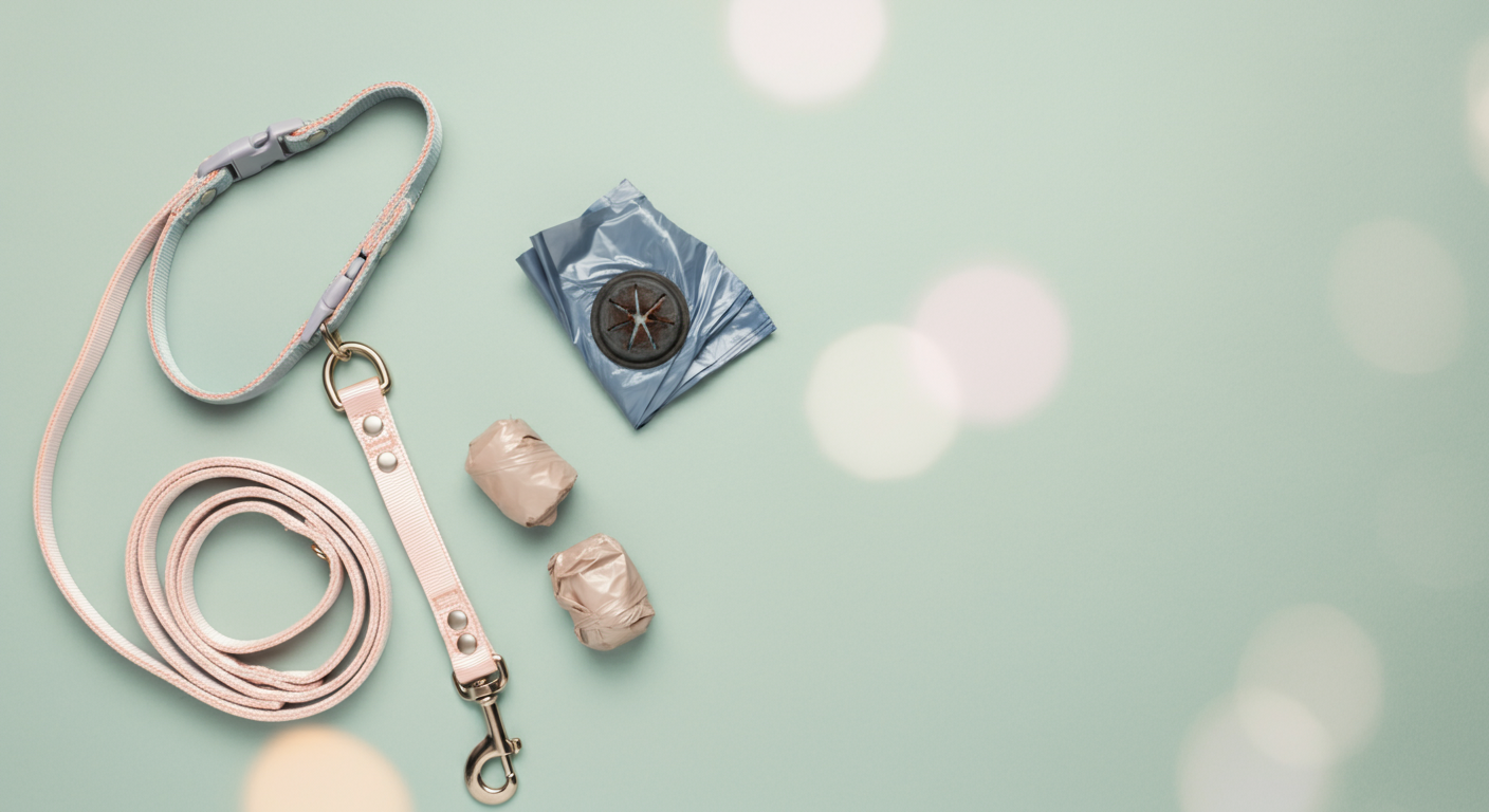 パステルカラーのリード、首輪、うんち袋が綺麗に並べられたフラットレイ写真。ドッグランの必須アイテム。
