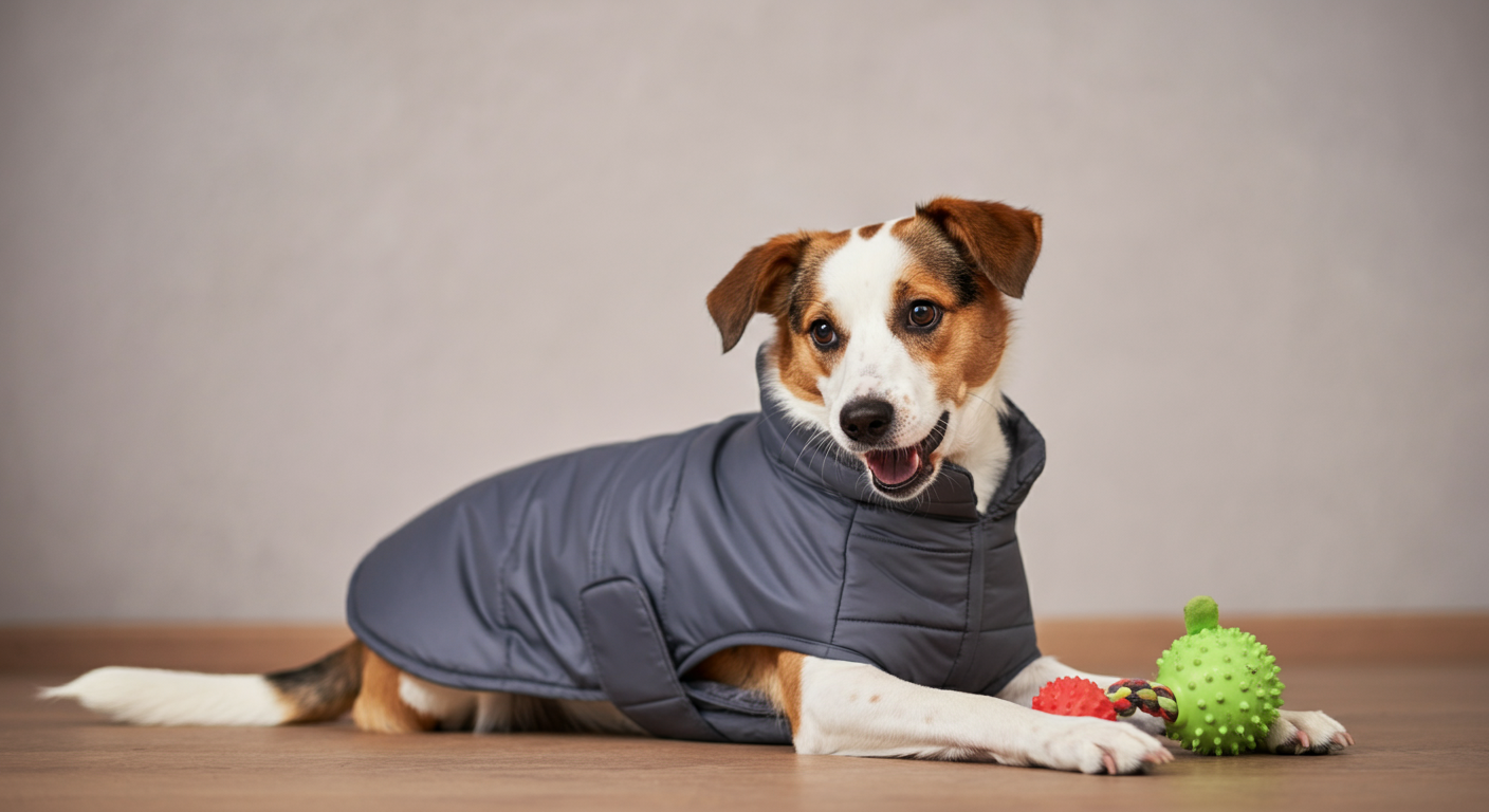 初めて服を着た犬が、すぐにお気に入りのおもちゃで楽しそうに遊んでいる様子。