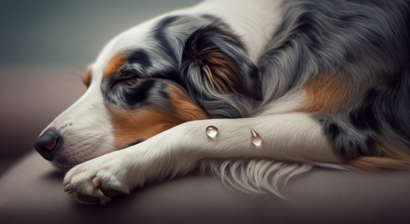 パステルカラーの柔らかい光の中で眠っているボーダーコリーの肘関節のクローズアップ。関節の上に癒やしを象徴する光が一滴落ちている。