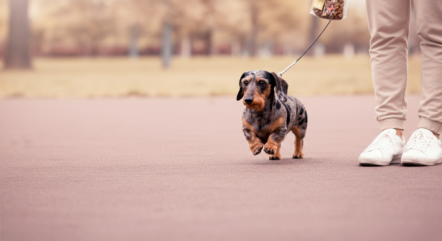 誰もいない静かなドッグランを、一匹のダックスフントが自分のペースで探検している。フレームの隅に飼い主の足元とトリーツポーチが見える。