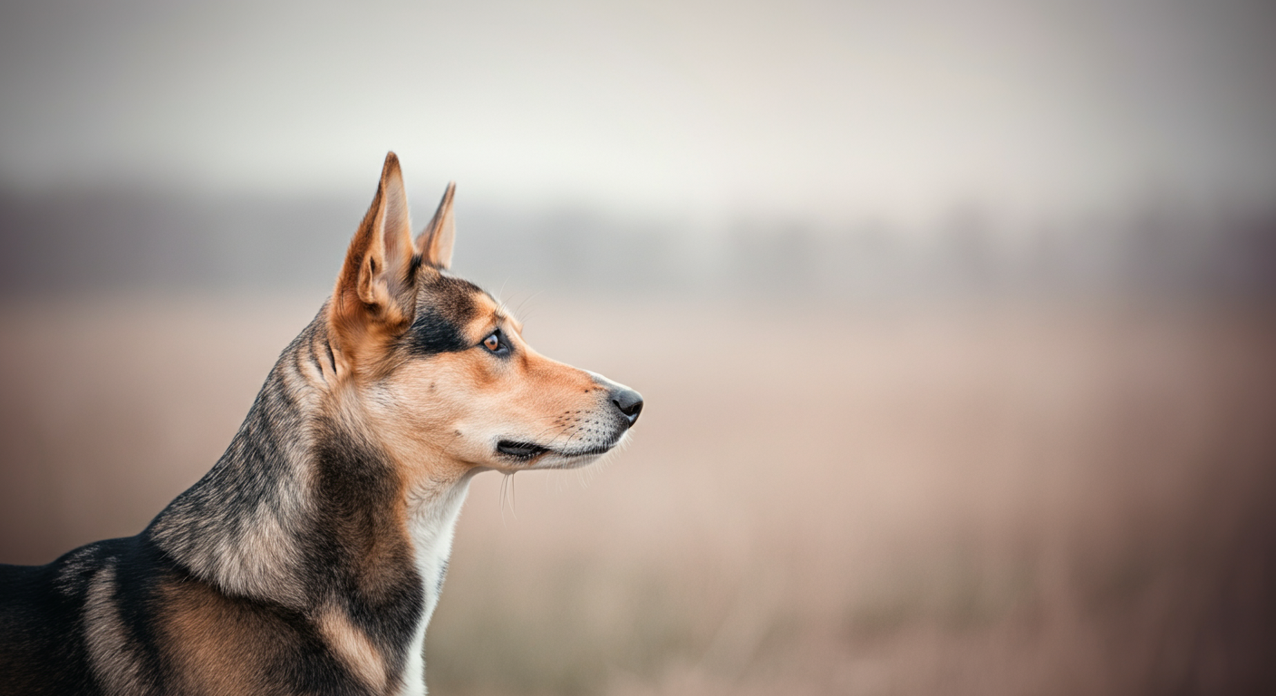 公園で、遠くにいる何かを真剣な横顔でじっと見つめている犬の写真。